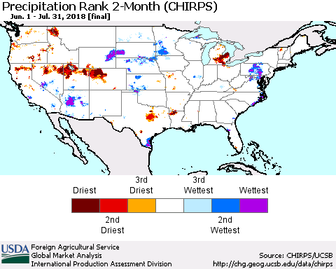 United States Precipitation Rank since 1981, 2-Month (CHIRPS) Thematic Map For 6/1/2018 - 7/31/2018