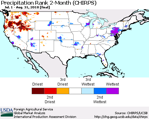 United States Precipitation Rank since 1981, 2-Month (CHIRPS) Thematic Map For 7/1/2018 - 8/31/2018