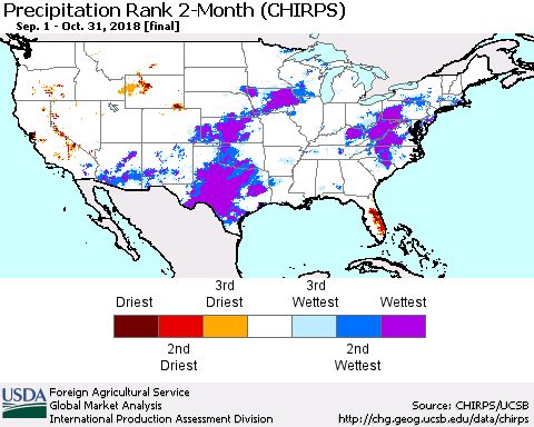 United States Precipitation Rank since 1981, 2-Month (CHIRPS) Thematic Map For 9/1/2018 - 10/31/2018