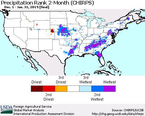 United States Precipitation Rank since 1981, 2-Month (CHIRPS) Thematic Map For 12/1/2018 - 1/31/2019