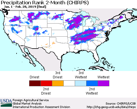 United States Precipitation Rank since 1981, 2-Month (CHIRPS) Thematic Map For 1/1/2019 - 2/28/2019