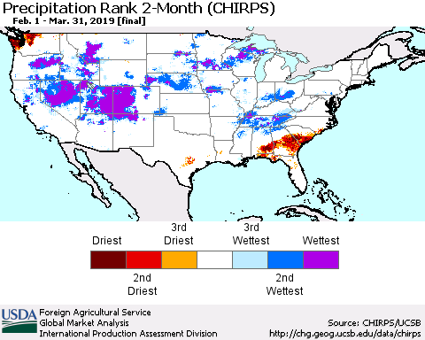 United States Precipitation Rank since 1981, 2-Month (CHIRPS) Thematic Map For 2/1/2019 - 3/31/2019