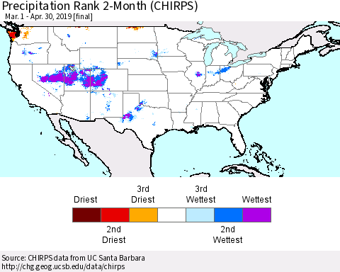 United States Precipitation Rank since 1981, 2-Month (CHIRPS) Thematic Map For 3/1/2019 - 4/30/2019