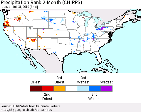 United States Precipitation Rank 2-Month (CHIRPS) Thematic Map For 6/1/2019 - 7/31/2019