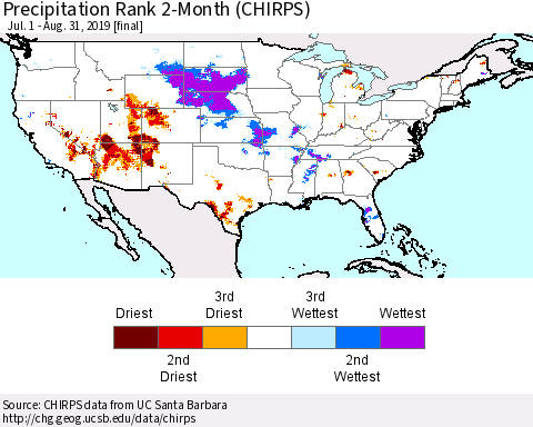 United States Precipitation Rank since 1981, 2-Month (CHIRPS) Thematic Map For 7/1/2019 - 8/31/2019