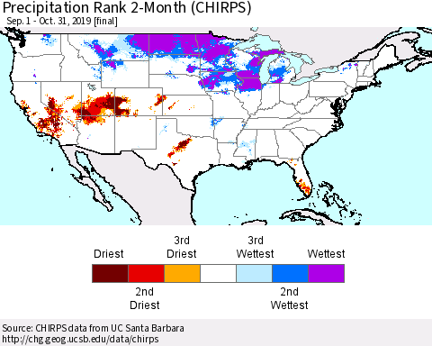 United States Precipitation Rank 2-Month (CHIRPS) Thematic Map For 9/1/2019 - 10/31/2019