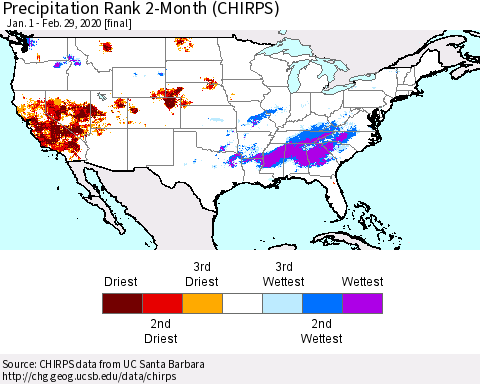 United States Precipitation Rank 2-Month (CHIRPS) Thematic Map For 1/1/2020 - 2/29/2020