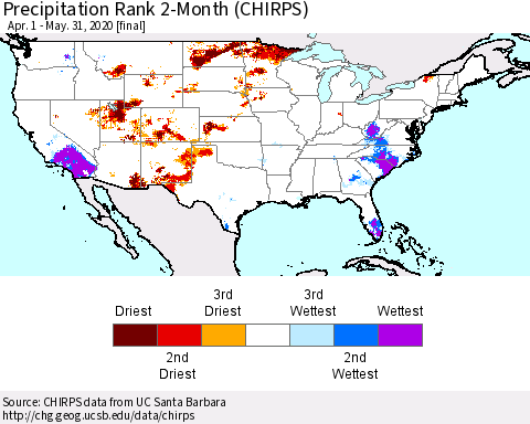 United States Precipitation Rank since 1981, 2-Month (CHIRPS) Thematic Map For 4/1/2020 - 5/31/2020