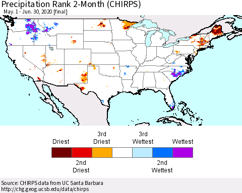 United States Precipitation Rank since 1981, 2-Month (CHIRPS) Thematic Map For 5/1/2020 - 6/30/2020