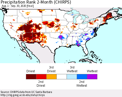United States Precipitation Rank 2-Month (CHIRPS) Thematic Map For 8/1/2020 - 9/30/2020