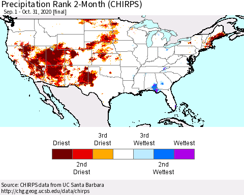 United States Precipitation Rank 2-Month (CHIRPS) Thematic Map For 9/1/2020 - 10/31/2020