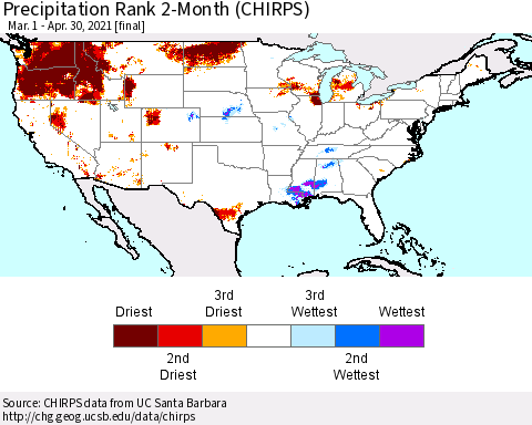 United States Precipitation Rank 2-Month (CHIRPS) Thematic Map For 3/1/2021 - 4/30/2021