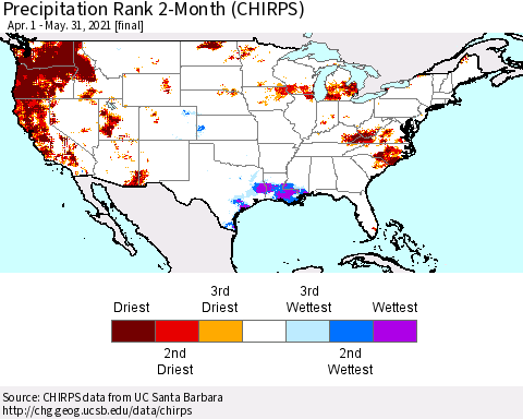 United States Precipitation Rank since 1981, 2-Month (CHIRPS) Thematic Map For 4/1/2021 - 5/31/2021
