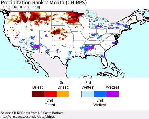 United States Precipitation Rank since 1981, 2-Month (CHIRPS) Thematic Map For 6/1/2021 - 7/31/2021