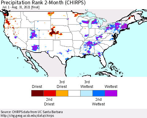 United States Precipitation Rank since 1981, 2-Month (CHIRPS) Thematic Map For 7/1/2021 - 8/31/2021