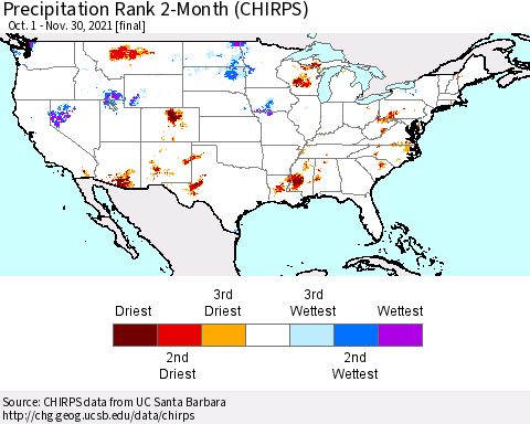 United States Precipitation Rank 2-Month (CHIRPS) Thematic Map For 10/1/2021 - 11/30/2021