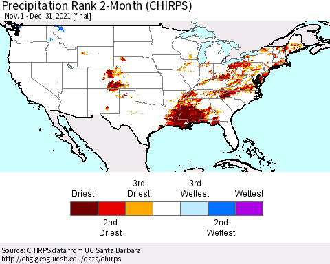 United States Precipitation Rank 2-Month (CHIRPS) Thematic Map For 11/1/2021 - 12/31/2021
