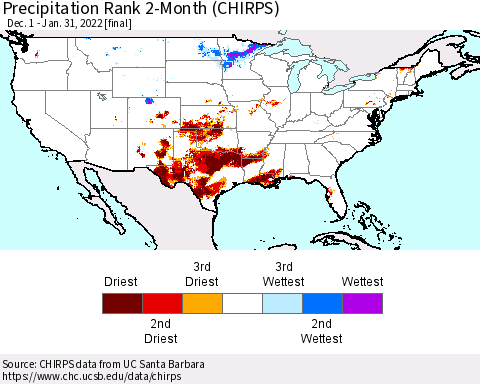 United States Precipitation Rank 2-Month (CHIRPS) Thematic Map For 12/1/2021 - 1/31/2022