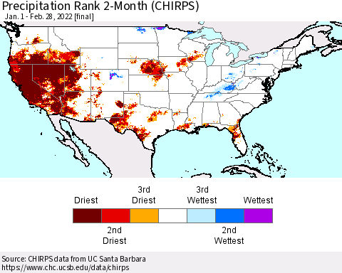 United States Precipitation Rank 2-Month (CHIRPS) Thematic Map For 1/1/2022 - 2/28/2022