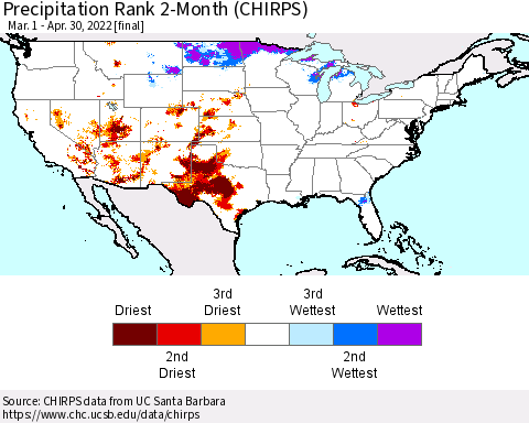 United States Precipitation Rank since 1981, 2-Month (CHIRPS) Thematic Map For 3/1/2022 - 4/30/2022