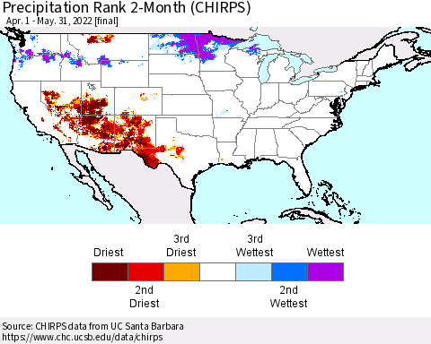 United States Precipitation Rank since 1981, 2-Month (CHIRPS) Thematic Map For 4/1/2022 - 5/31/2022