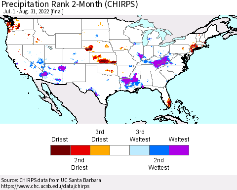 United States Precipitation Rank 2-Month (CHIRPS) Thematic Map For 7/1/2022 - 8/31/2022