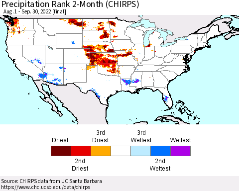 United States Precipitation Rank since 1981, 2-Month (CHIRPS) Thematic Map For 8/1/2022 - 9/30/2022