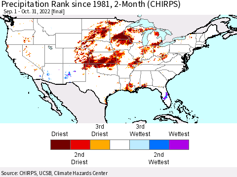 United States Precipitation Rank since 1981, 2-Month (CHIRPS) Thematic Map For 9/1/2022 - 10/31/2022