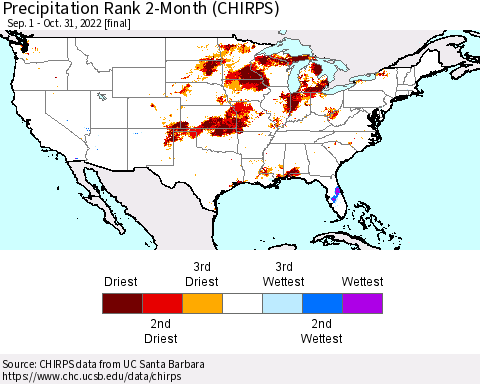 United States Precipitation Rank 2-Month (CHIRPS) Thematic Map For 9/1/2022 - 10/31/2022
