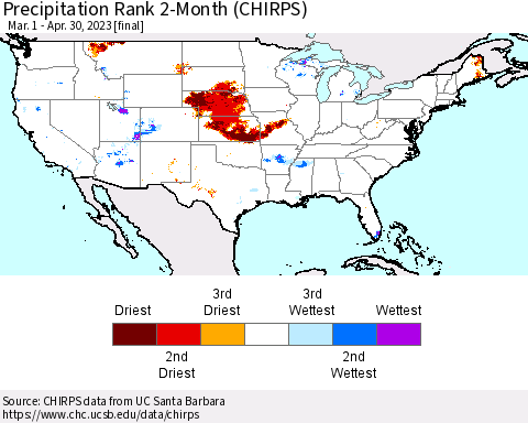 United States Precipitation Rank since 1981, 2-Month (CHIRPS) Thematic Map For 3/1/2023 - 4/30/2023