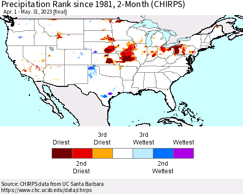 United States Precipitation Rank since 1981, 2-Month (CHIRPS) Thematic Map For 4/1/2023 - 5/31/2023