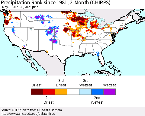 United States Precipitation Rank since 1981, 2-Month (CHIRPS) Thematic Map For 5/1/2023 - 6/30/2023