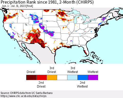 United States Precipitation Rank since 1981, 2-Month (CHIRPS) Thematic Map For 6/1/2023 - 7/31/2023