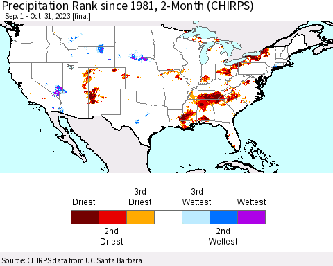 United States Precipitation Rank since 1981, 2-Month (CHIRPS) Thematic Map For 9/1/2023 - 10/31/2023
