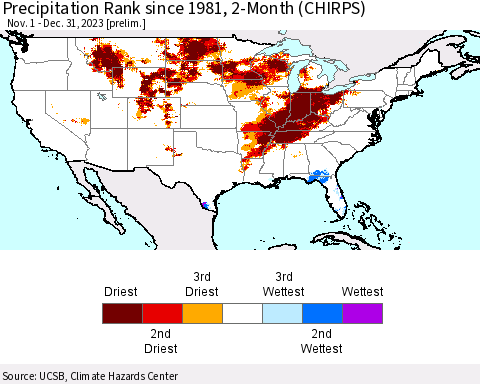 United States Precipitation Rank since 1981, 2-Month (CHIRPS) Thematic Map For 11/1/2023 - 12/31/2023