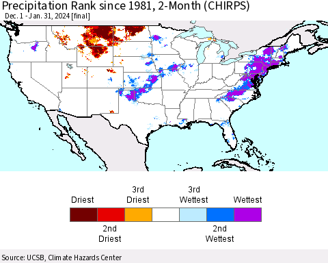 United States Precipitation Rank since 1981, 2-Month (CHIRPS) Thematic Map For 12/1/2023 - 1/31/2024