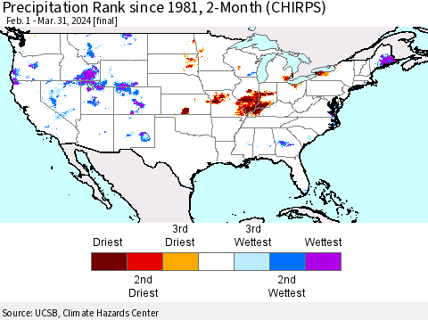 United States Precipitation Rank since 1981, 2-Month (CHIRPS) Thematic Map For 2/1/2024 - 3/31/2024