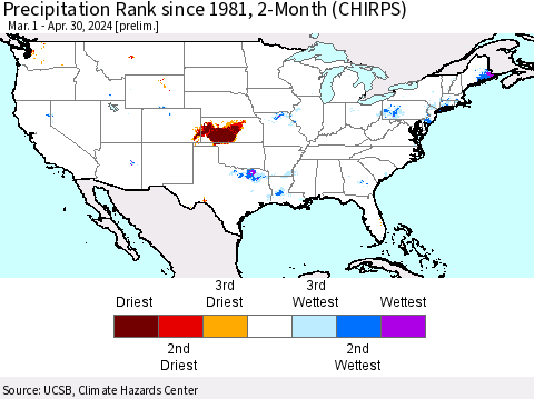 United States Precipitation Rank since 1981, 2-Month (CHIRPS) Thematic Map For 3/1/2024 - 4/30/2024