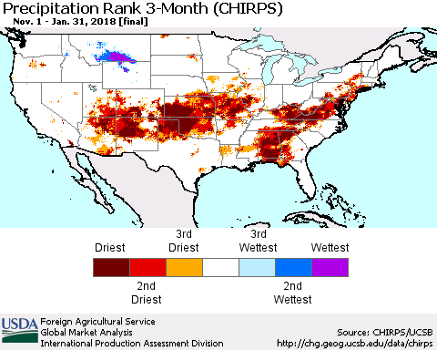 United States Precipitation Rank since 1981, 3-Month (CHIRPS) Thematic Map For 11/1/2017 - 1/31/2018