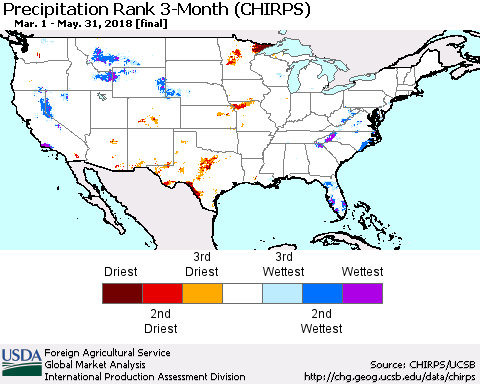 United States Precipitation Rank since 1981, 3-Month (CHIRPS) Thematic Map For 3/1/2018 - 5/31/2018