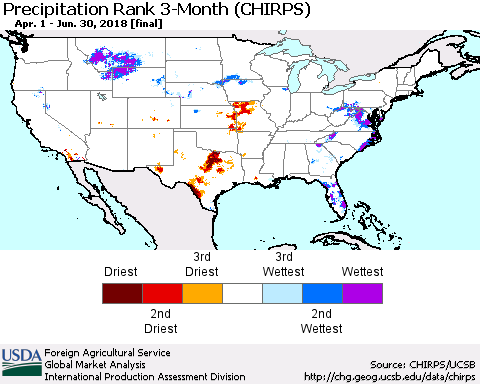 United States Precipitation Rank since 1981, 3-Month (CHIRPS) Thematic Map For 4/1/2018 - 6/30/2018
