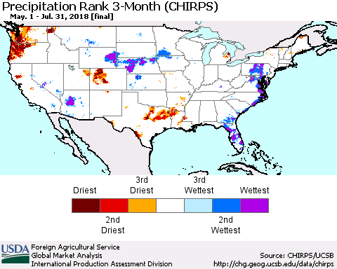 United States Precipitation Rank since 1981, 3-Month (CHIRPS) Thematic Map For 5/1/2018 - 7/31/2018
