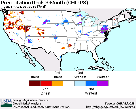United States Precipitation Rank since 1981, 3-Month (CHIRPS) Thematic Map For 6/1/2018 - 8/31/2018
