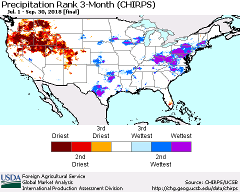 United States Precipitation Rank since 1981, 3-Month (CHIRPS) Thematic Map For 7/1/2018 - 9/30/2018