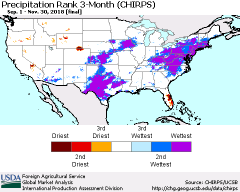 United States Precipitation Rank since 1981, 3-Month (CHIRPS) Thematic Map For 9/1/2018 - 11/30/2018