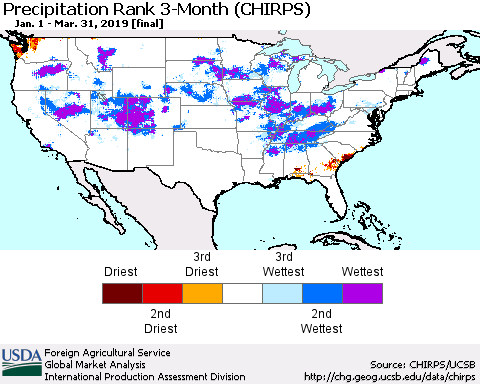 United States Precipitation Rank since 1981, 3-Month (CHIRPS) Thematic Map For 1/1/2019 - 3/31/2019