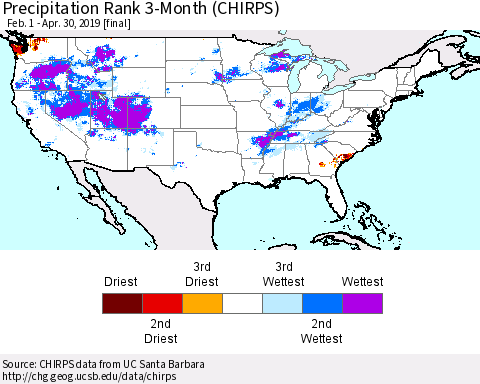 United States Precipitation Rank since 1981, 3-Month (CHIRPS) Thematic Map For 2/1/2019 - 4/30/2019