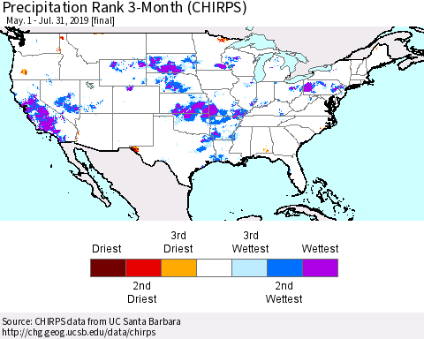 United States Precipitation Rank 3-Month (CHIRPS) Thematic Map For 5/1/2019 - 7/31/2019