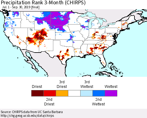 United States Precipitation Rank 3-Month (CHIRPS) Thematic Map For 7/1/2019 - 9/30/2019