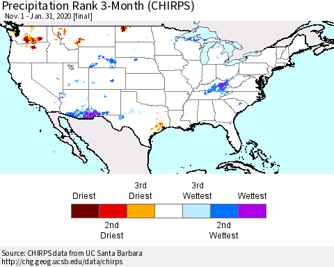 United States Precipitation Rank 3-Month (CHIRPS) Thematic Map For 11/1/2019 - 1/31/2020